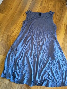PrinStory Blue Solid Tank Dress Cotton Jersey Round Neck Knee Pullover Size M